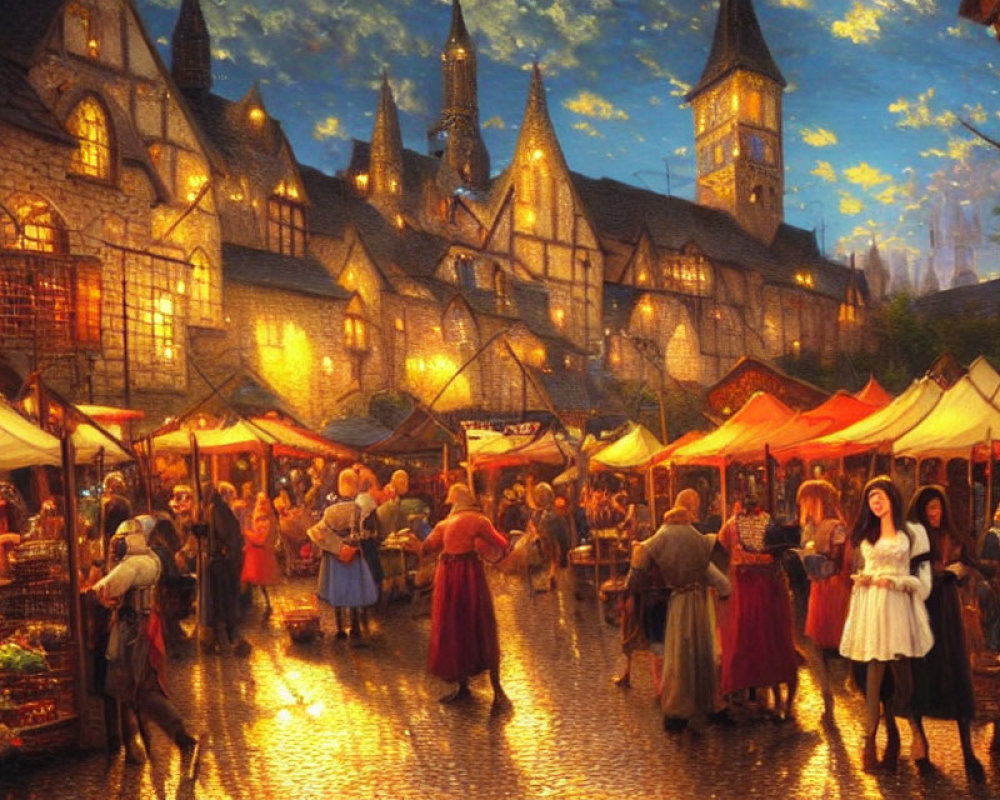 Medieval Market at Twilight with Townsfolk, Stalls, and Stone Buildings