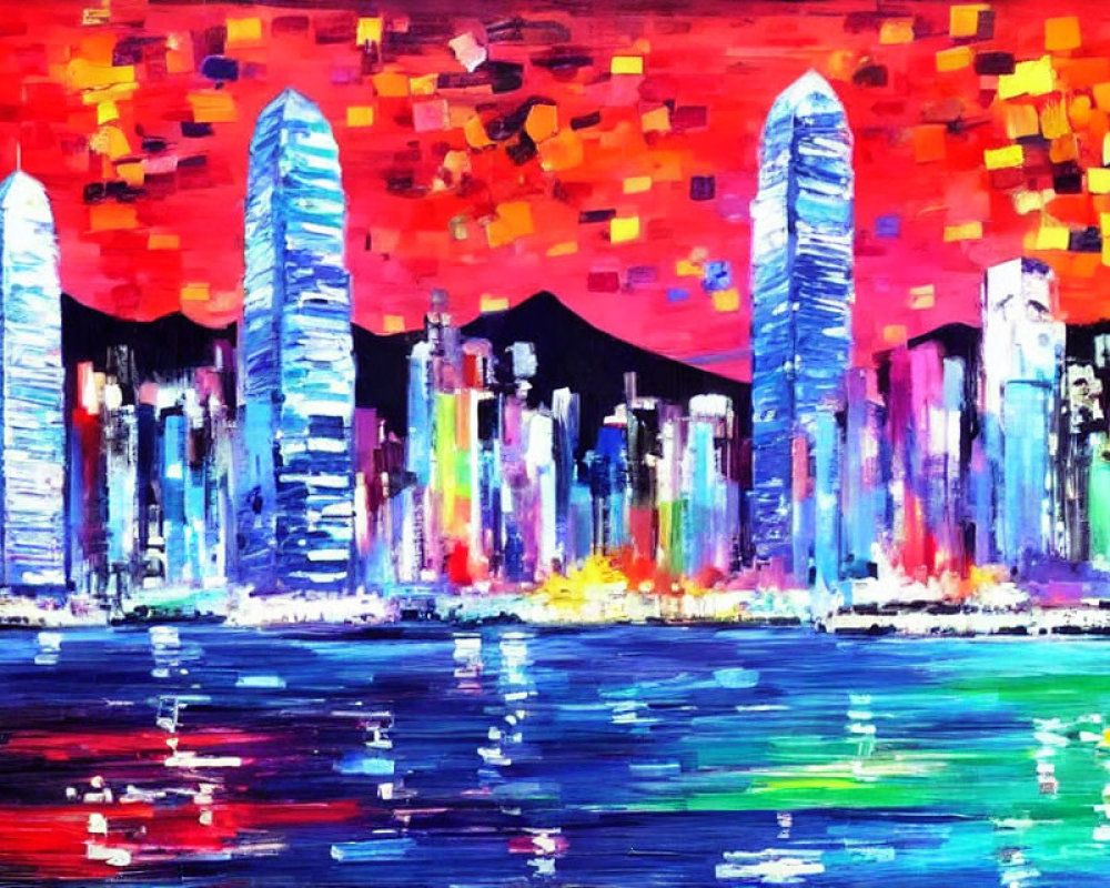 Colorful Abstract Cityscape Painting with Skyscrapers and Pixelated Sky