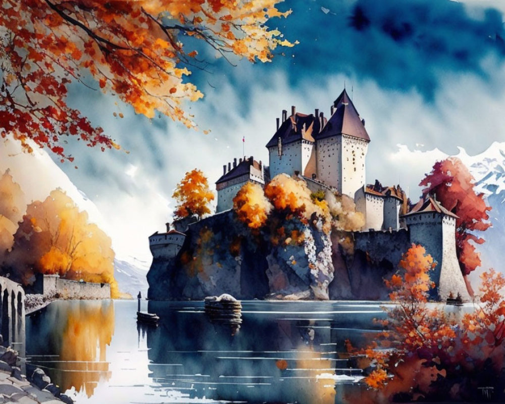 Majestic castle on rocky island in autumn setting