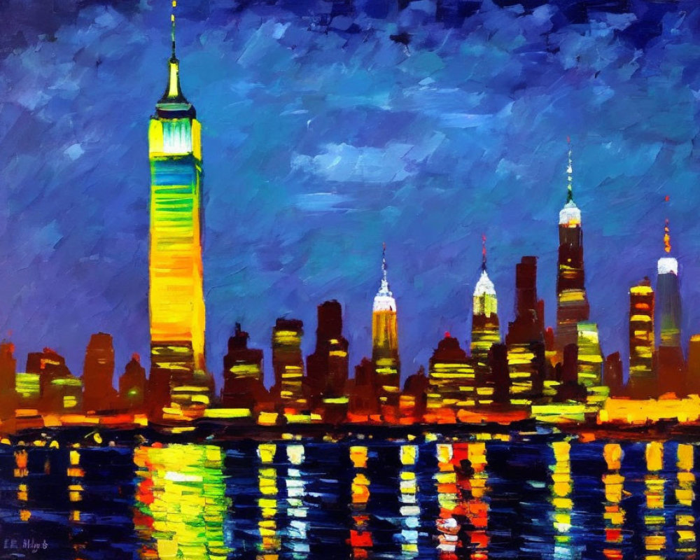 City Skyline Night Painting with Illuminated Skyscrapers and Water Reflections