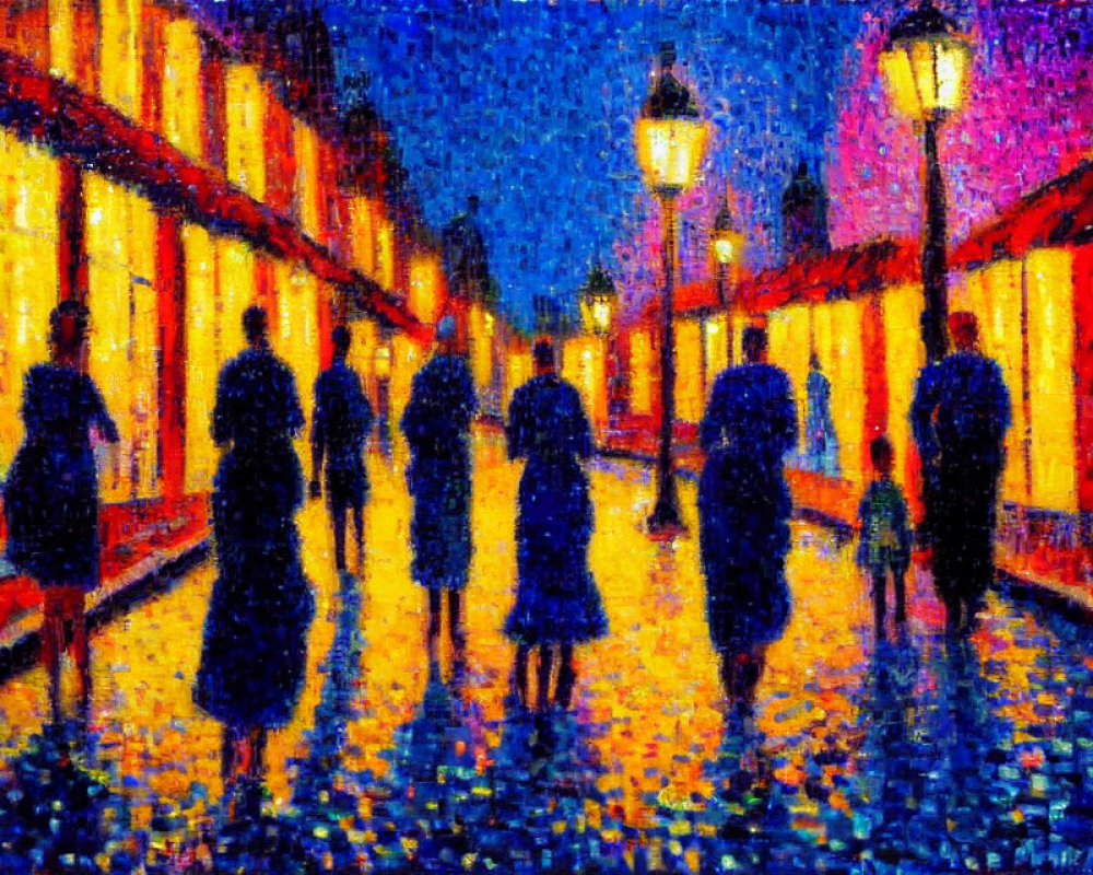 Impressionist-style painting of people on wet, illuminated street at twilight