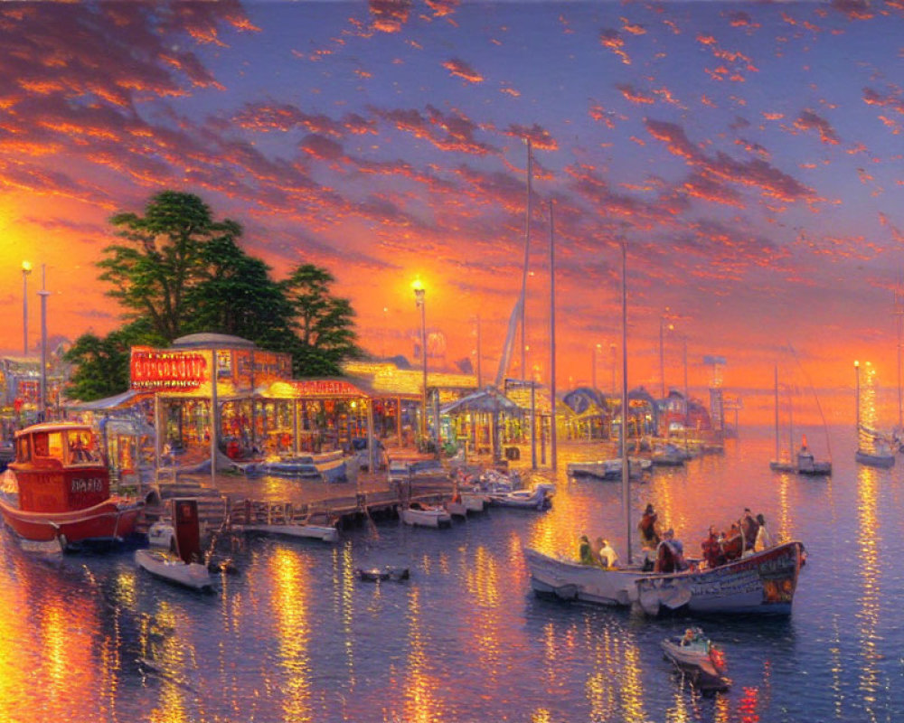 Colorful sunset harbor scene with boats, dock, and illuminated buildings.