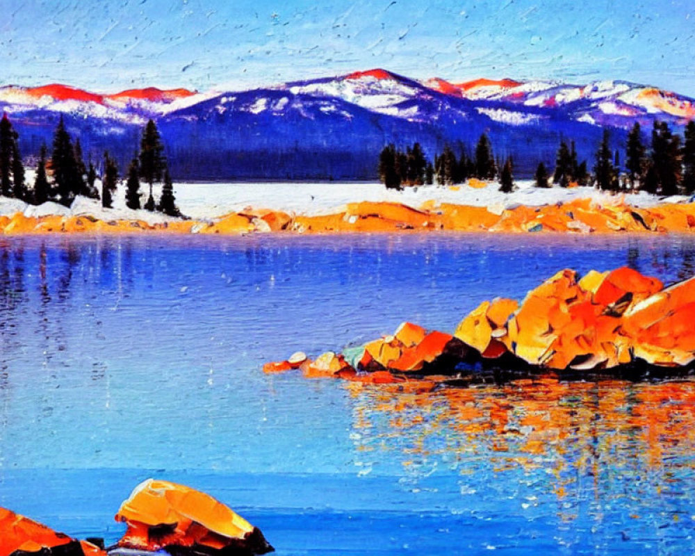 Scenic painting of blue lake, orange rocks, and snow-capped mountains