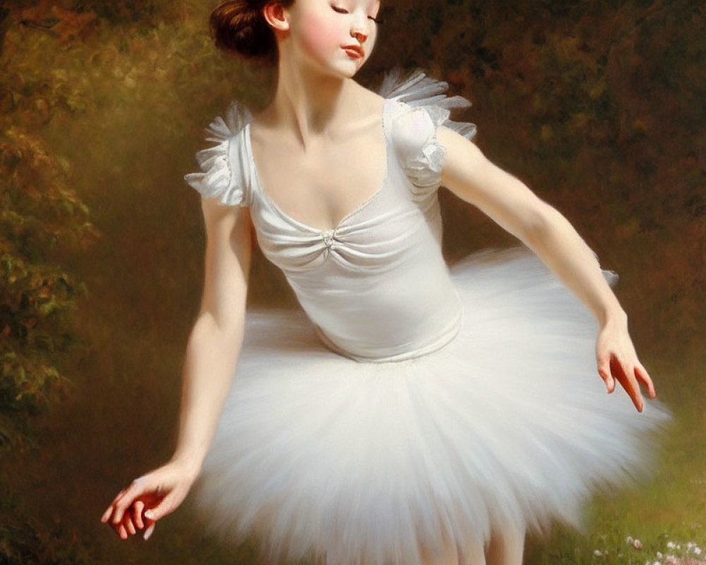White Tutu Ballerina Posed Serenely in Greenery