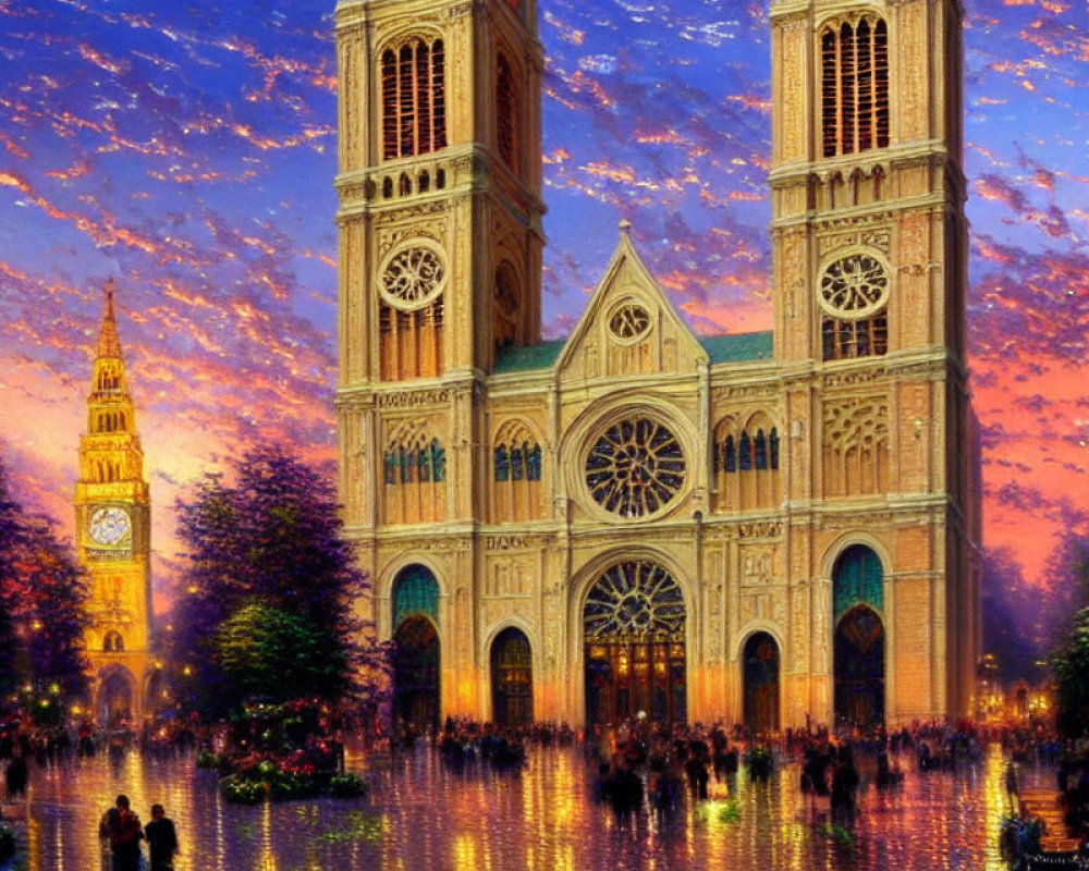 Grand cathedral and Big Ben merge under vibrant sunset sky in fantastical scene with people on water-covered square