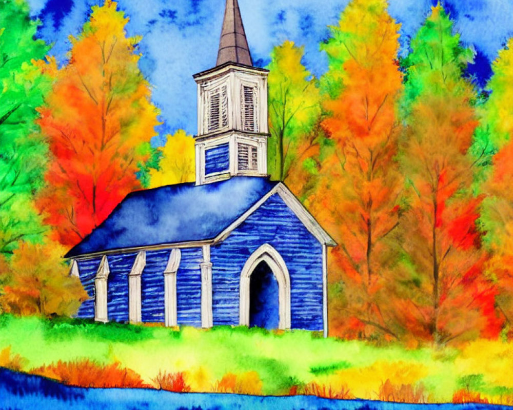 Colorful Watercolor Painting of Blue Church in Autumn Setting