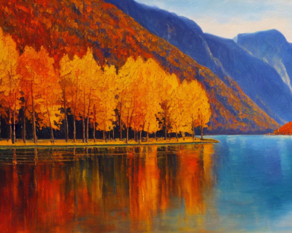 Scenic autumn lake with vibrant foliage, mountains, and reflections