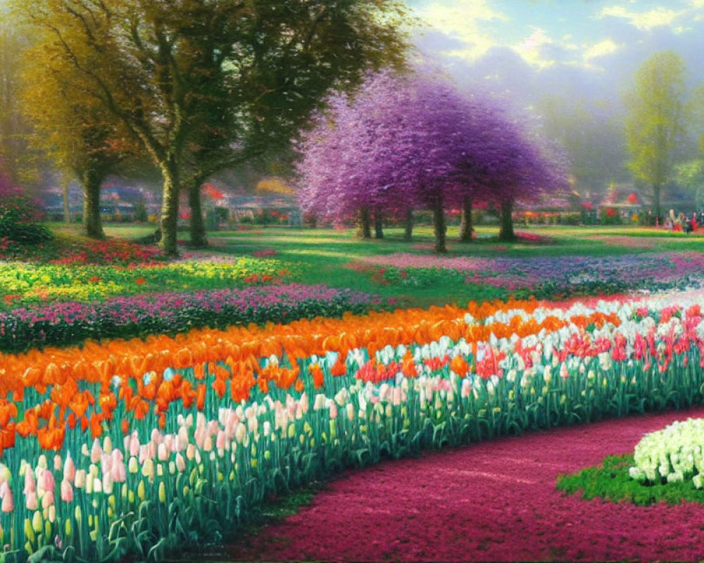 Colorful Tulip Garden with Lush Trees and People Admiring Scenery