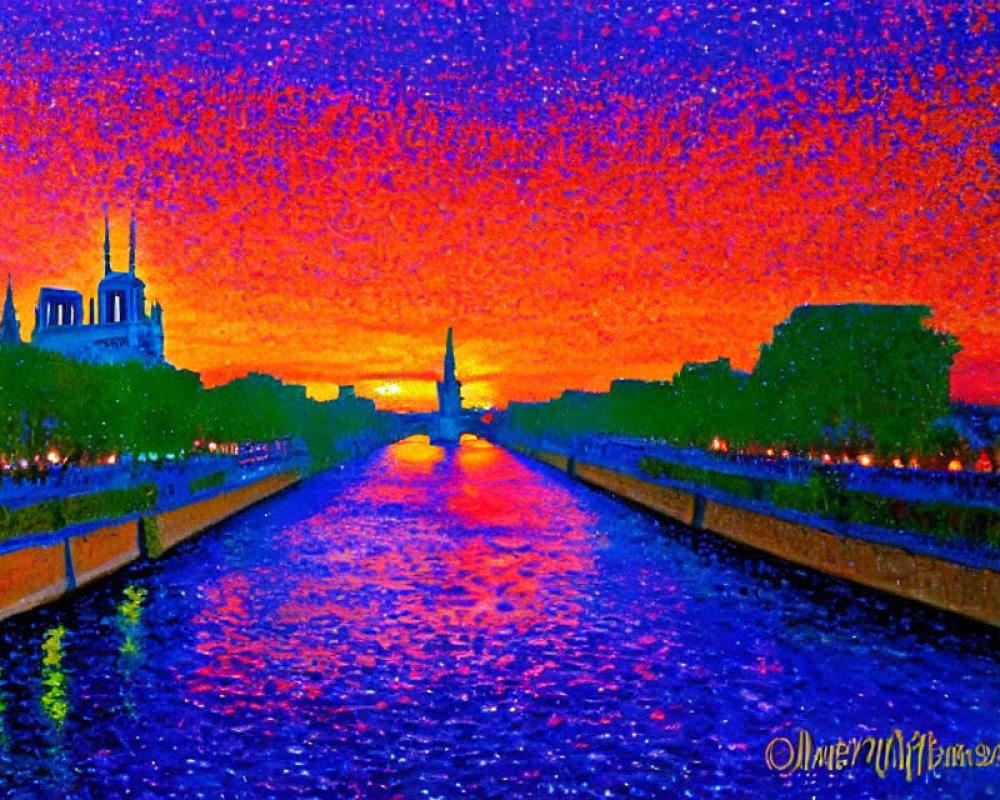 Digitally-enhanced sunset silhouette of urban skyline over river