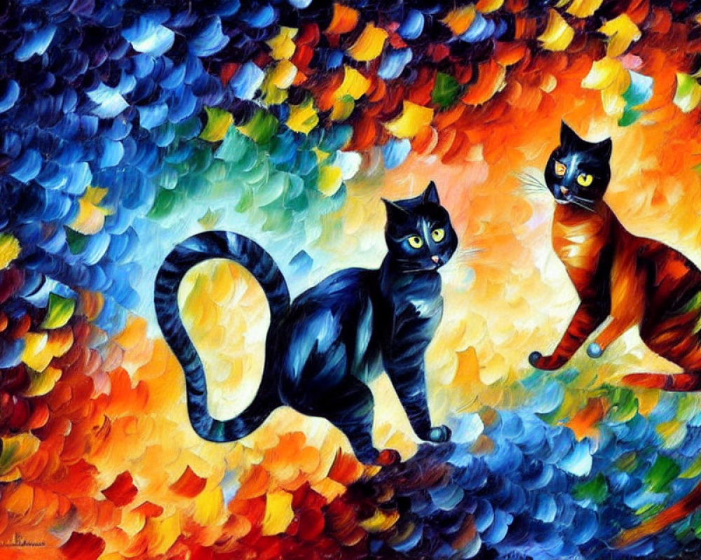 Colorful mosaic featuring two cats with striking eyes