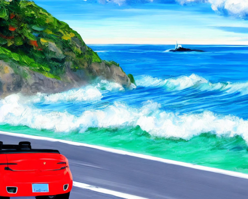 Colorful coastal road painting with red car, rolling waves, green cliff, lighthouse, and cloudy