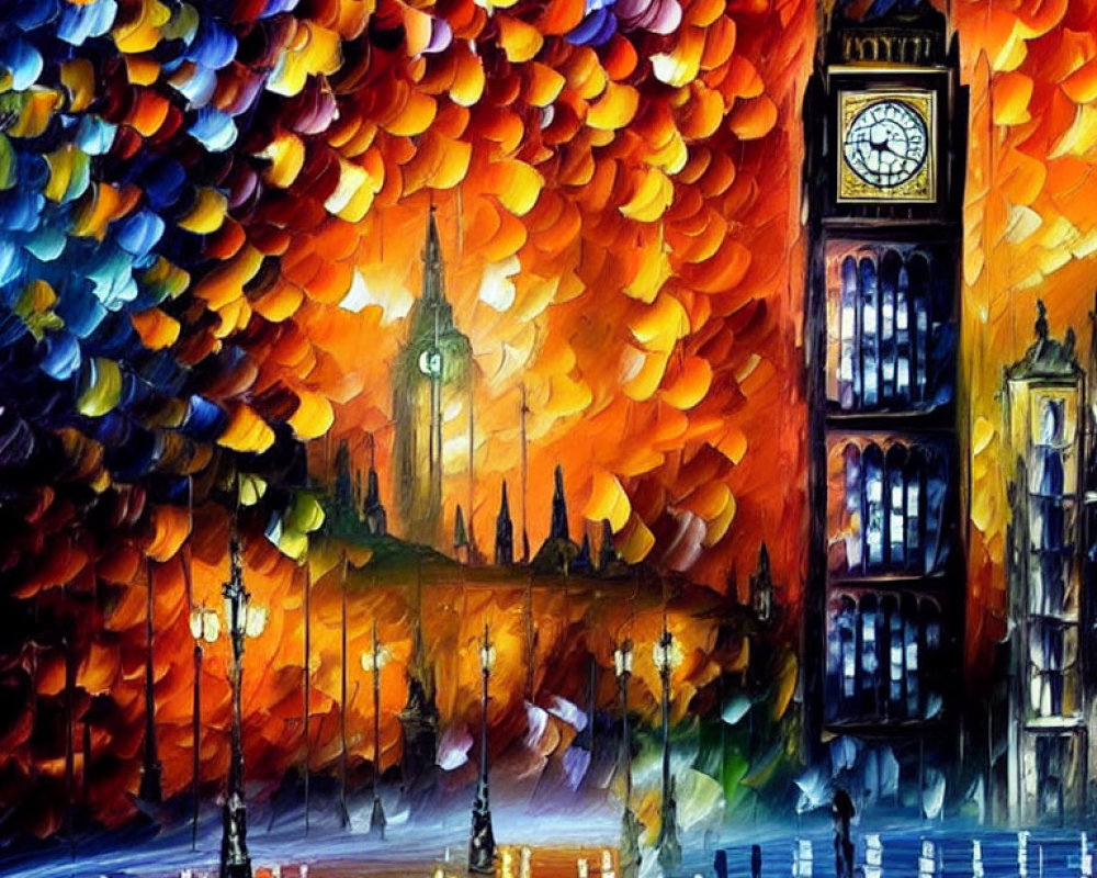 Impressionist-style painting of Big Ben and UK Parliament with colorful leaves and wet ground