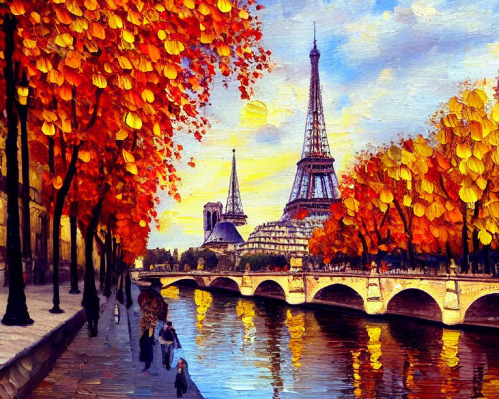 Riverside Walkway in Paris with Eiffel Tower and Autumn Trees