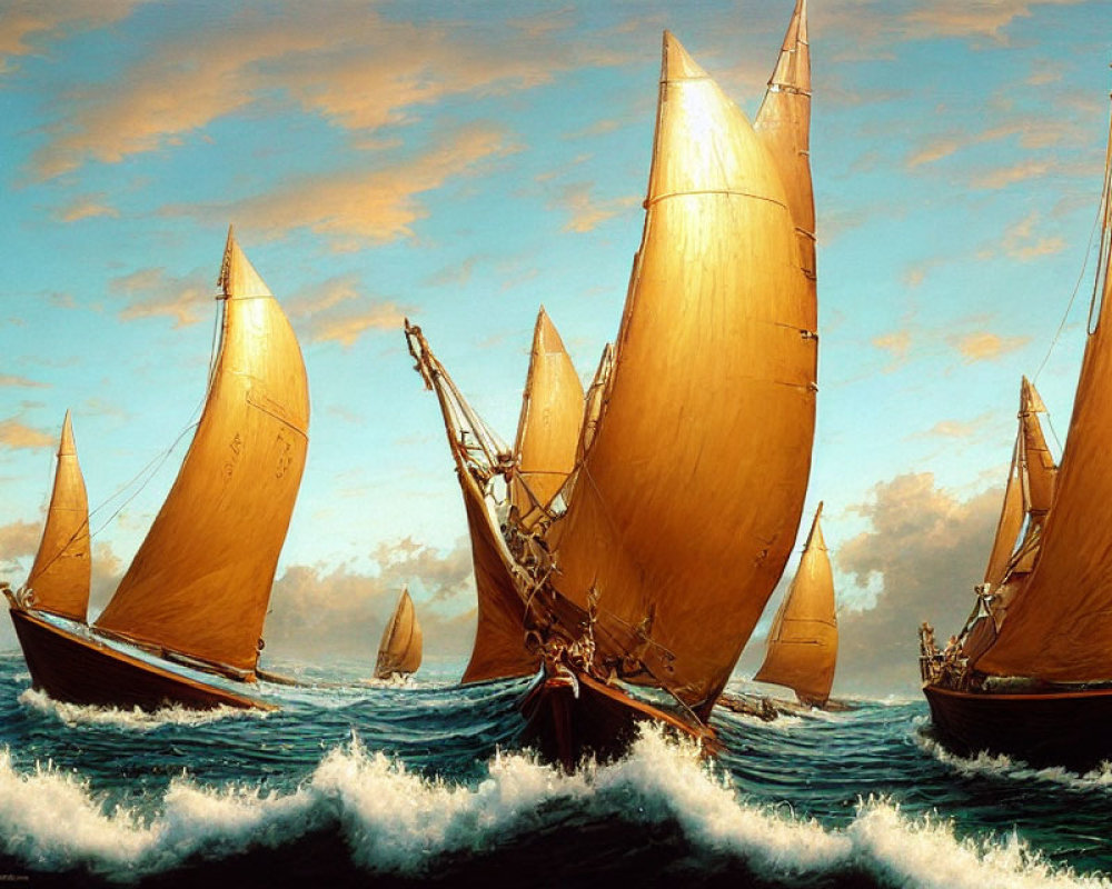 Golden-sailed traditional sailing ships on rolling ocean waves