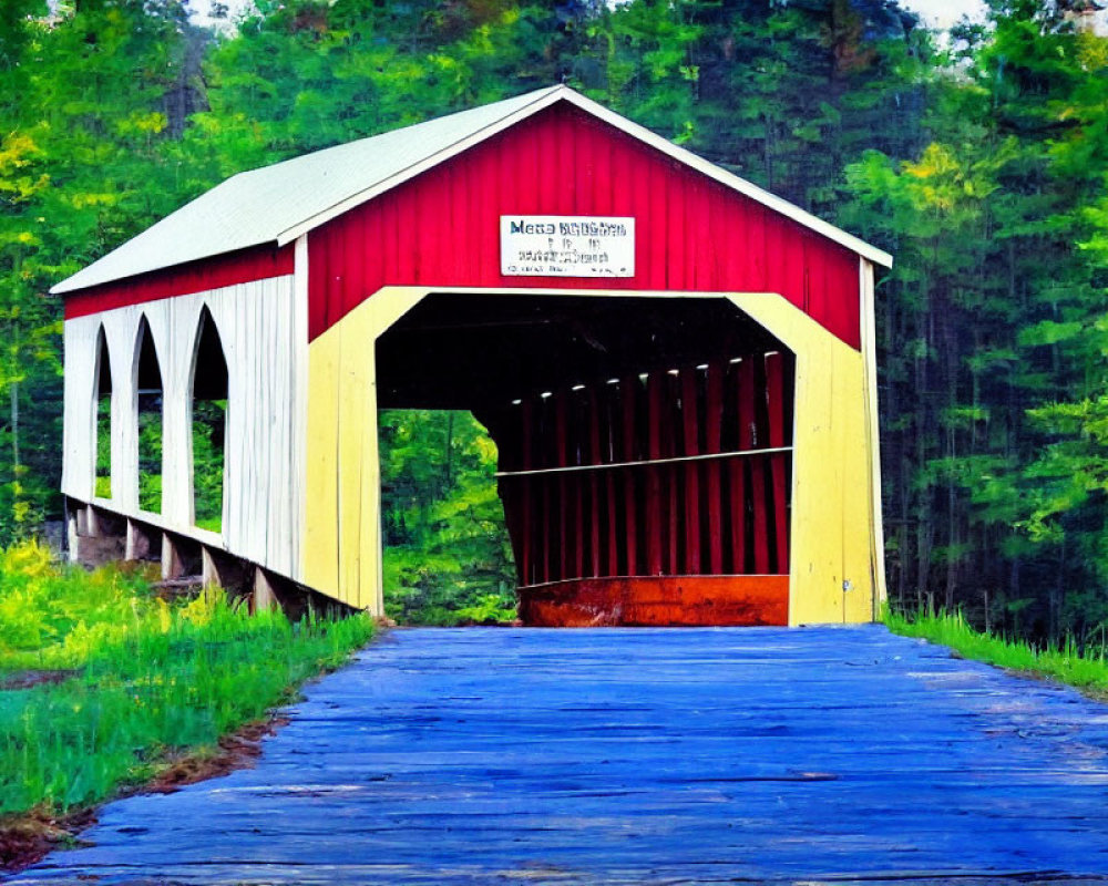 Red-covered Bridge Over Road Amid Greenery