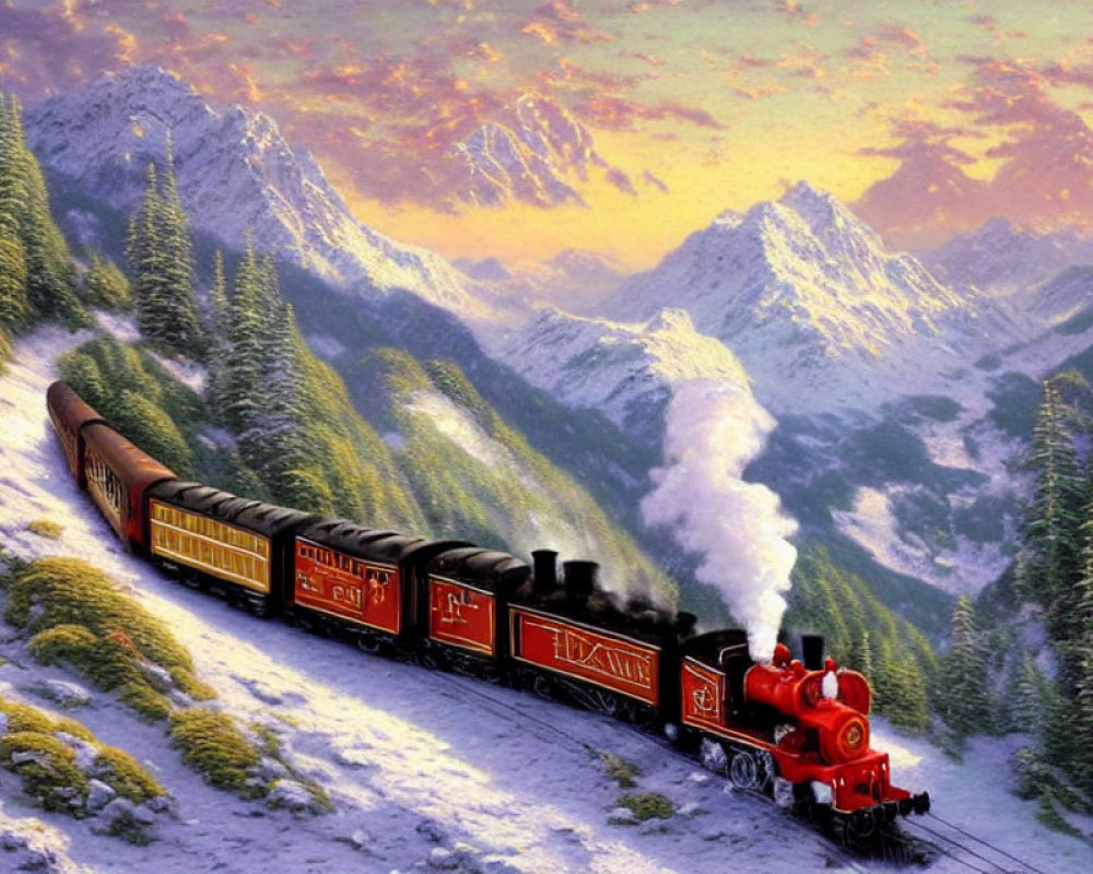 Vintage red steam train in snowy mountain landscape