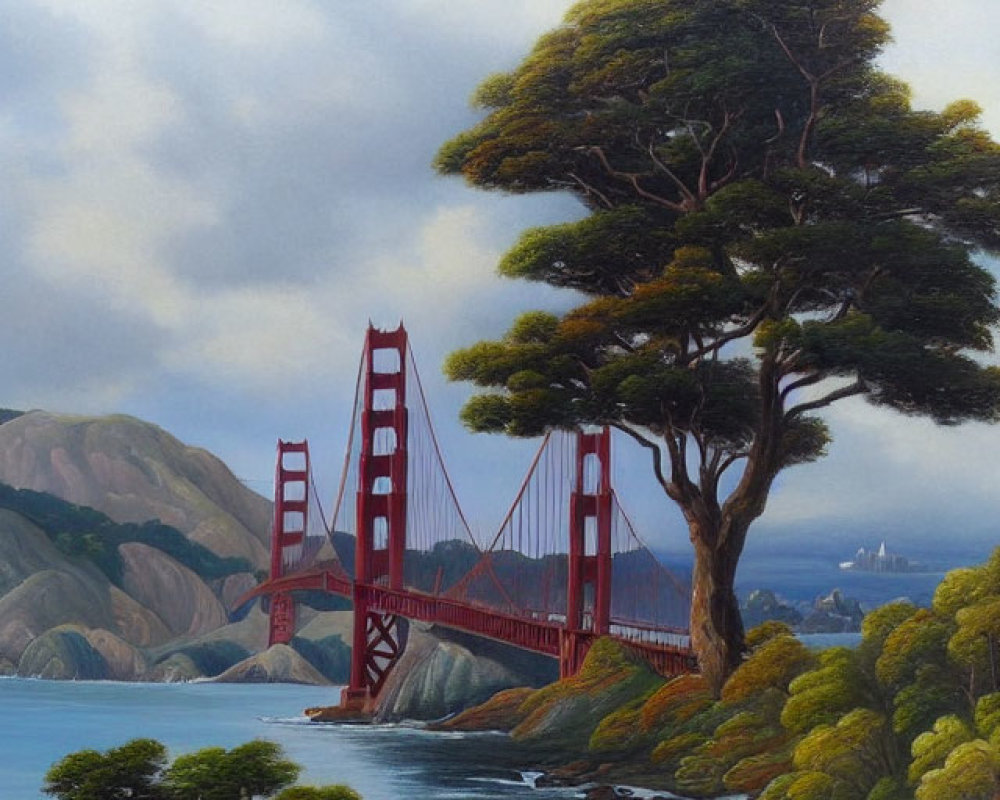 Tranquil landscape painting with Golden Gate Bridge and tree by calm bay
