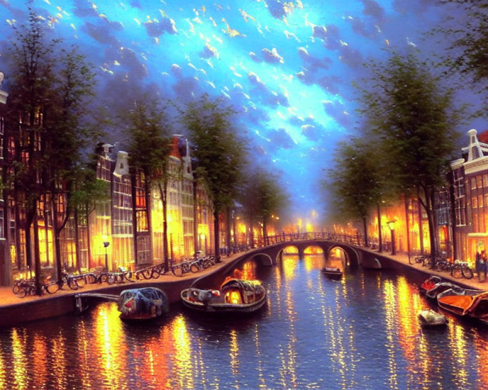 Amsterdam canal at twilight with illuminated buildings