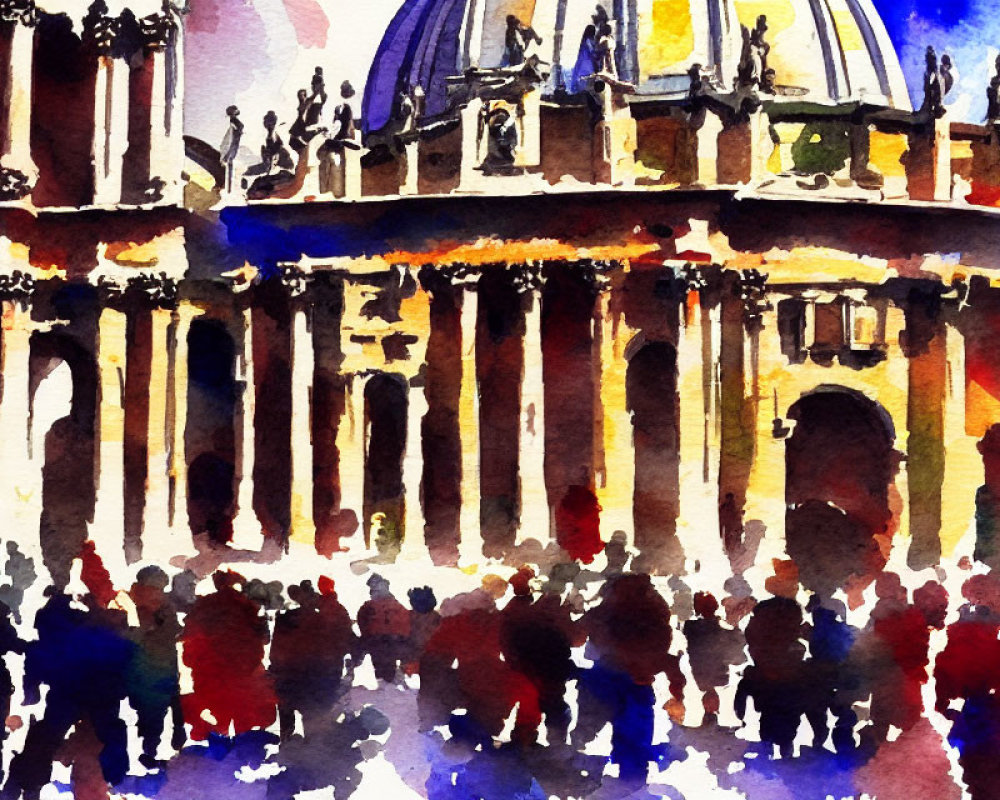 Colorful watercolor painting of a bustling plaza with grand architecture and statues.