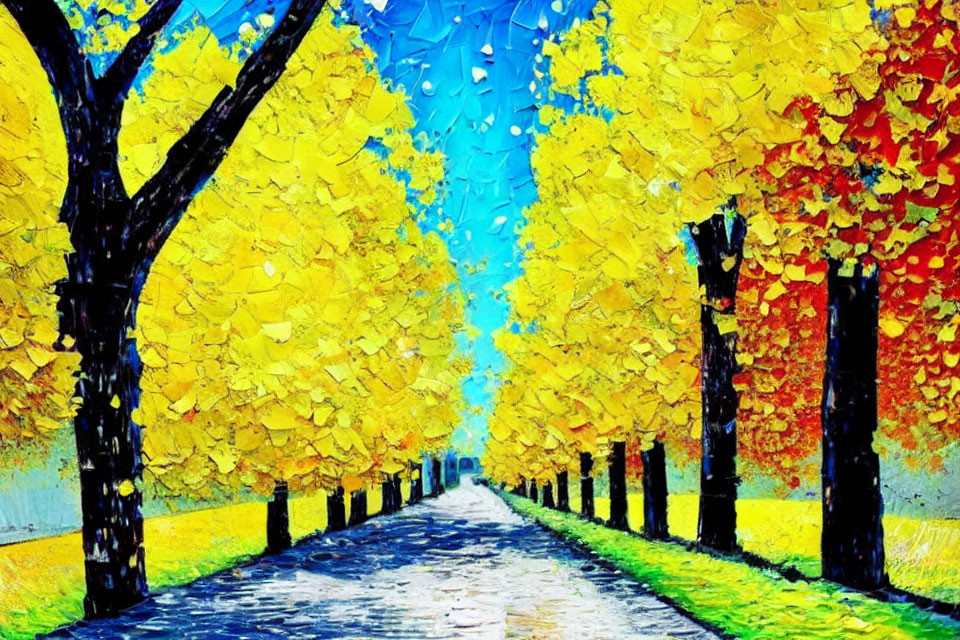 Impressionist style autumn landscape with golden-yellow and orange trees on a textured blue sky path