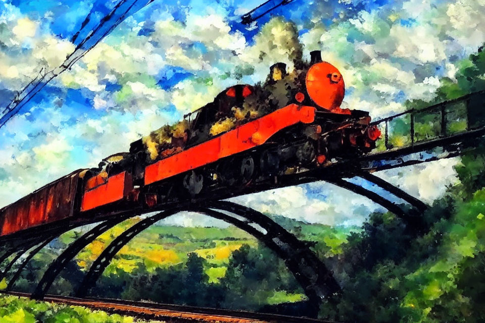 Vintage Red Steam Locomotive Crossing Iron Bridge in a Vivid Painting