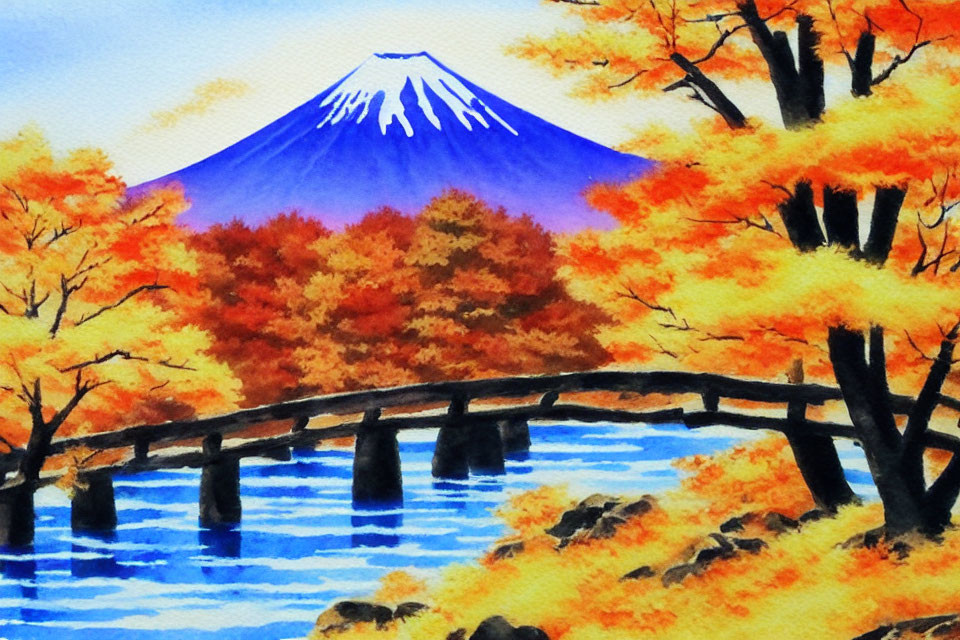 Scenic painting of Mount Fuji with autumn trees and river bridge