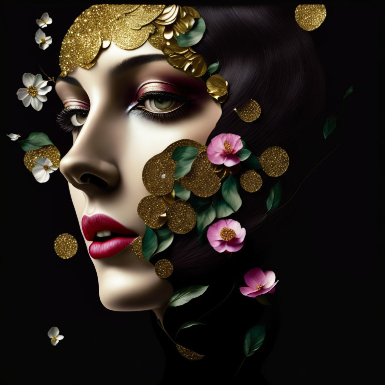 Woman's face with gold leaf patterns, flowers, and foliage on dark background