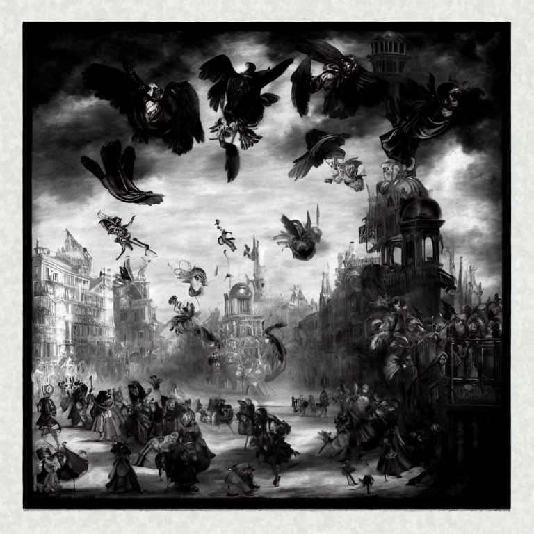 Detailed monochrome illustration of chaotic urban scene with flying creatures.