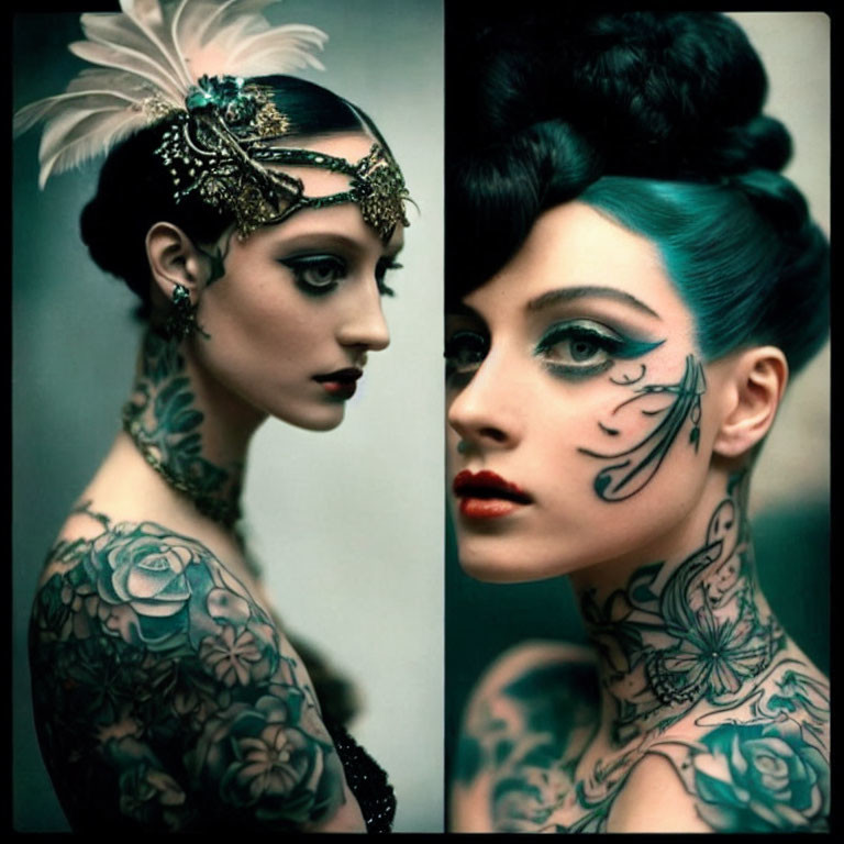 Elaborately tattooed woman with dramatic makeup and feathered headpiece