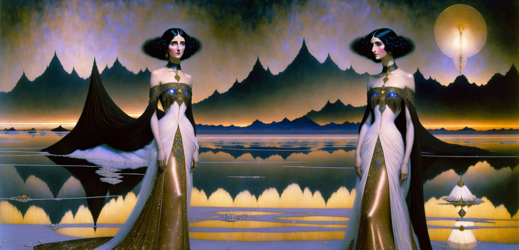 Symmetrical fantastical painting of two women in elegant gowns with surreal background.