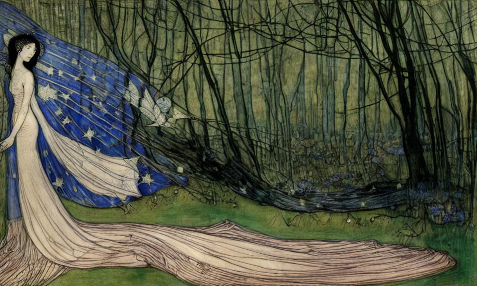 Woman in flowing gown with star-spangled blue cape beside dark forest