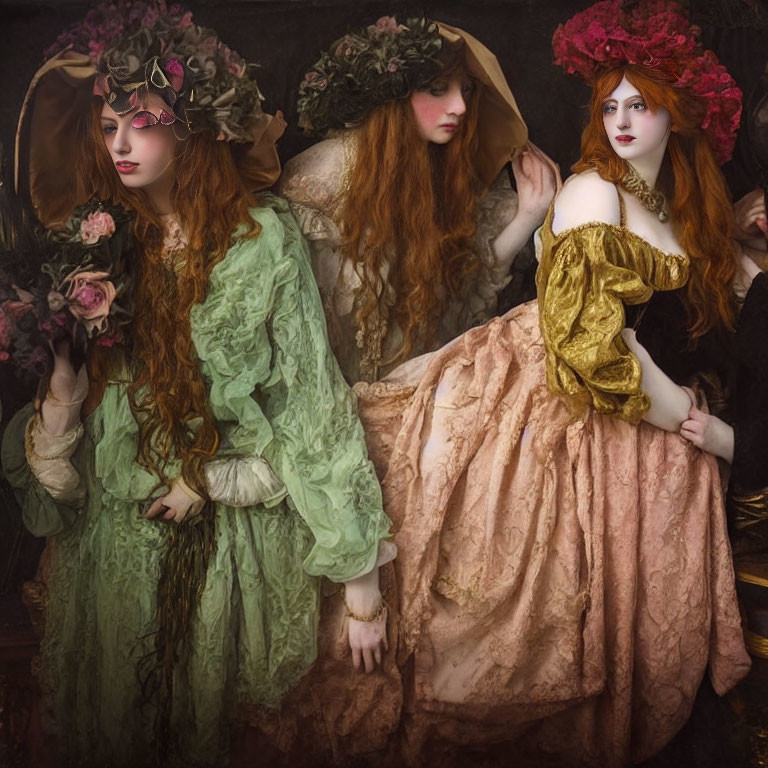 Vintage floral-themed dresses on three women with rose, in mystical setting