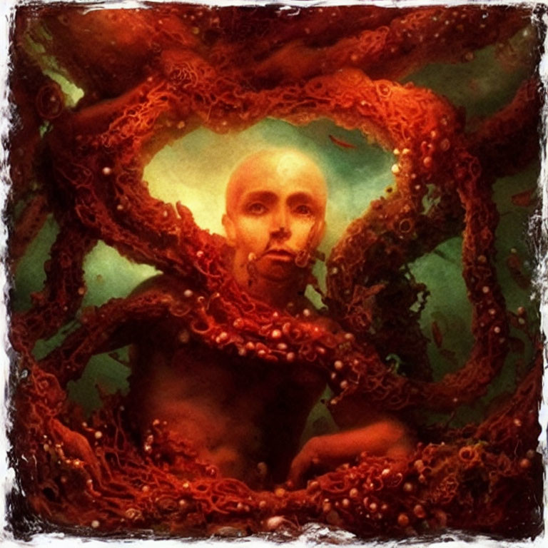 Surreal sepia-toned image of bald figure with octopus tentacles