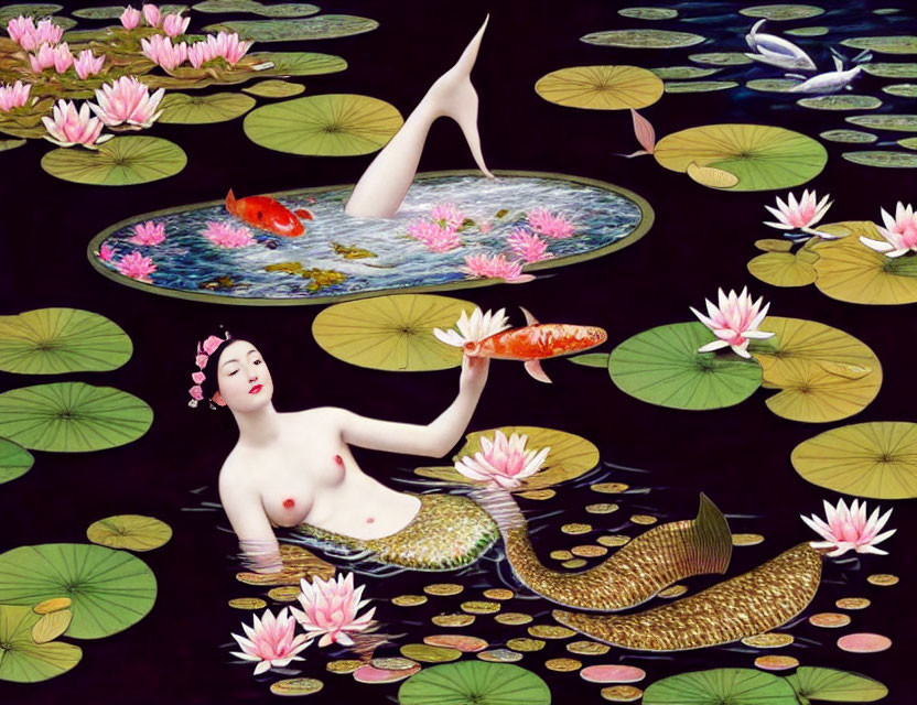 Stylized mermaid painting with fish, lily pads, lotuses, and koi fish