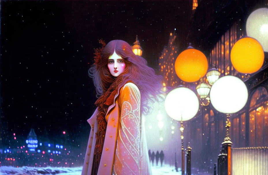 Illustrated woman with red lips and mystical eyes in snowy, lamplit street scene.