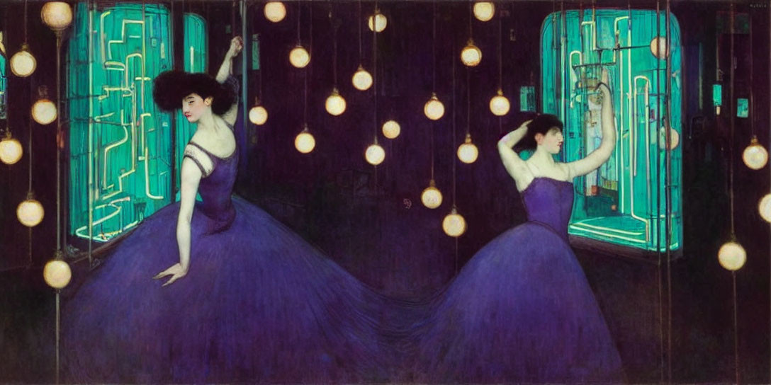 Stylized painting of two women in purple dresses with abstract background.