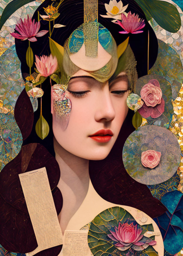 Stylized portrait of woman with green hair and golden headpiece surrounded by floral and geometric patterns
