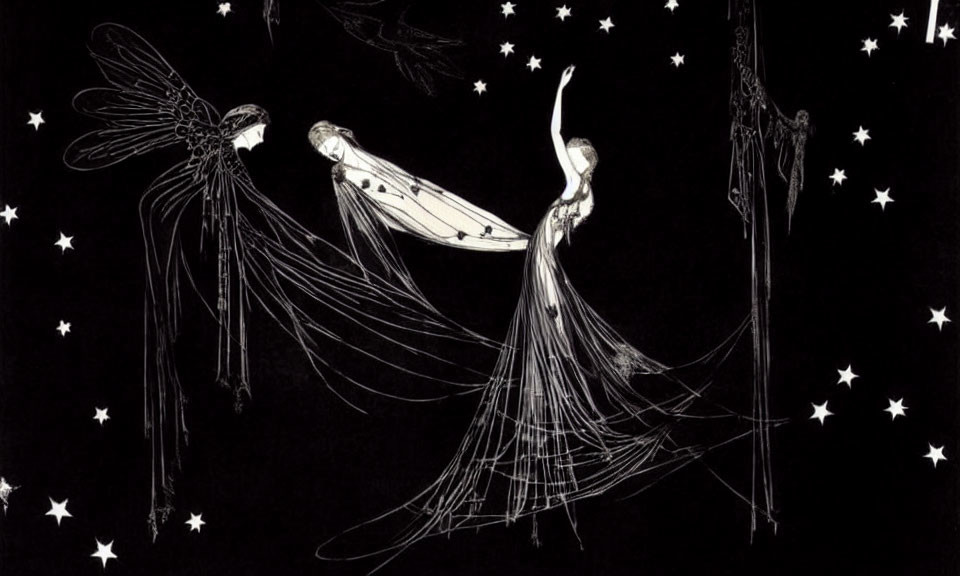 Ethereal figures with wing-like appendages on a starry background