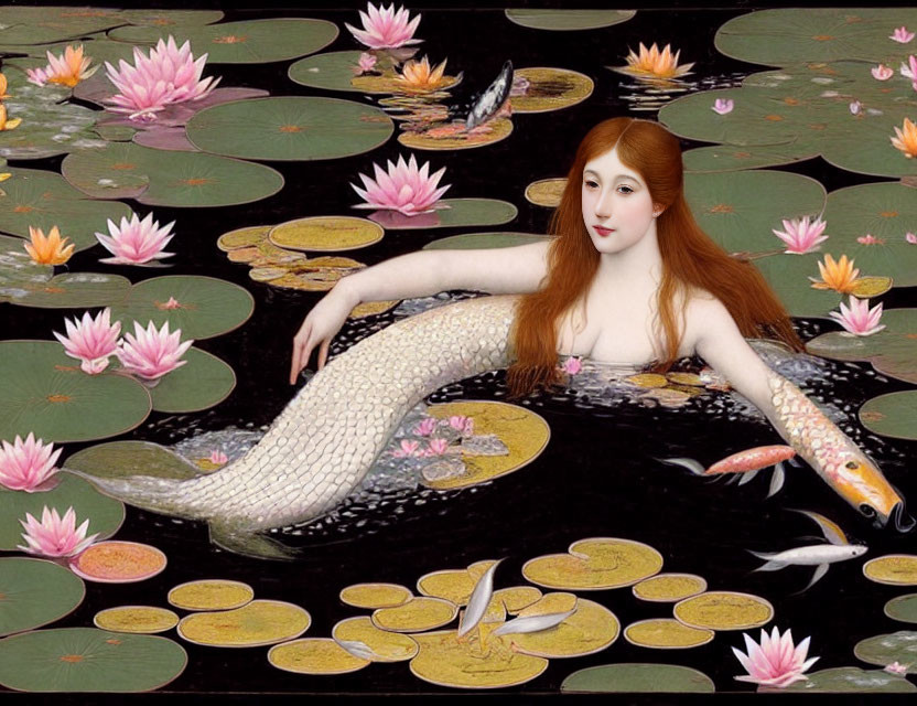 Red-haired mermaid relaxing with koi fish and water lilies in dark pond