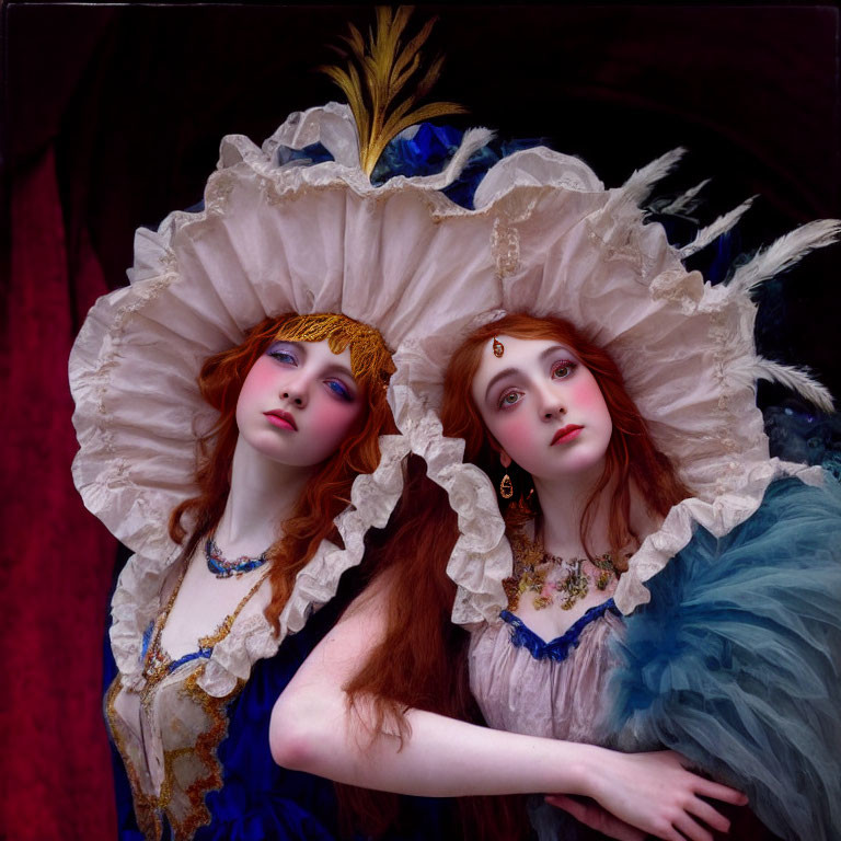 Two women in ornate historical costumes with ruffled collars and feathers in their hair.