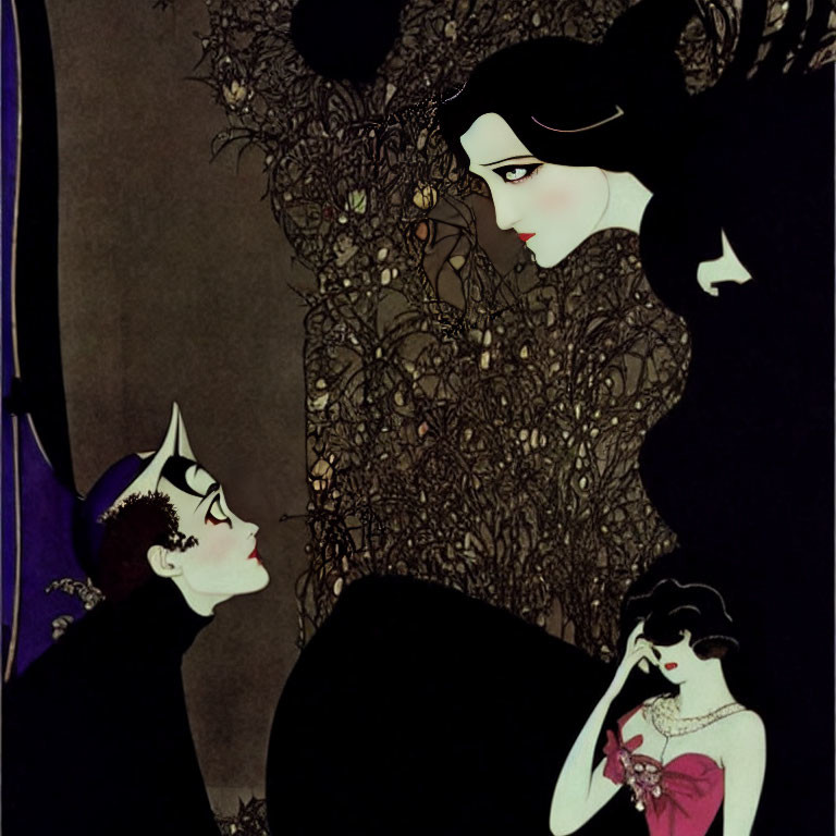 Stylized illustration of three figures in gothic setting