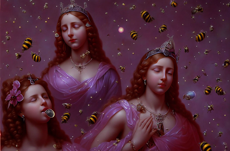 Stylized women in regal attire with bees on reddish-purple backdrop