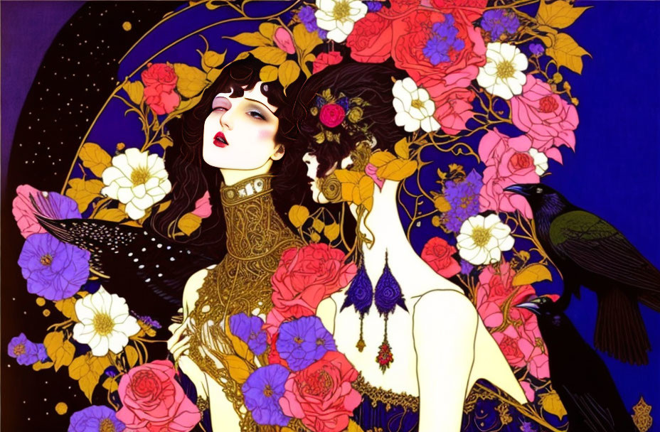 Illustration of woman with flowers and raven on dark blue background