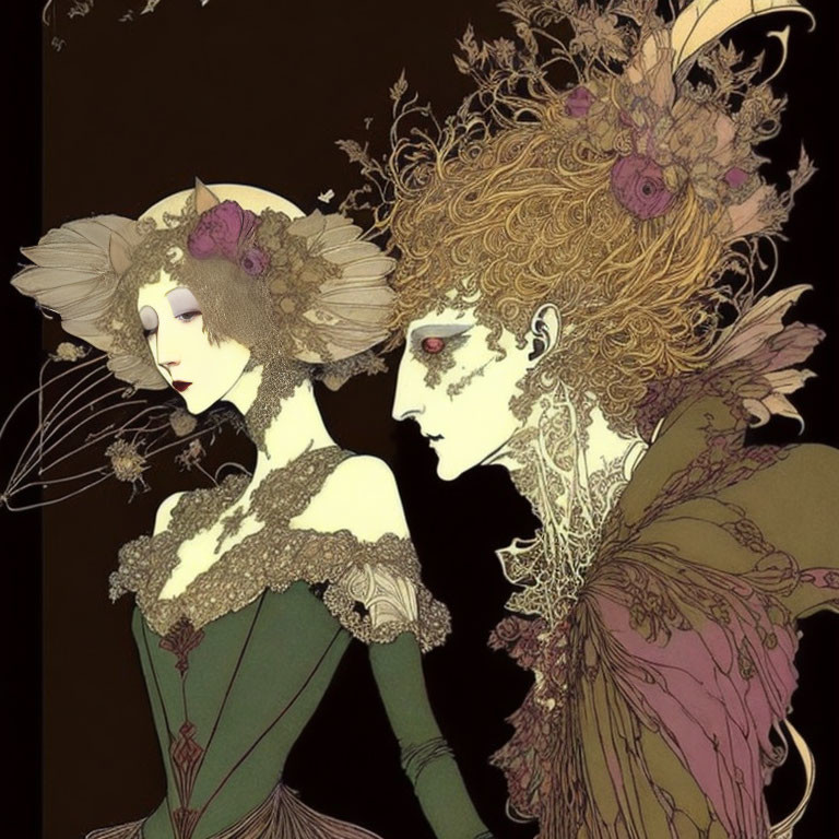 Detailed Illustration of Two Figures in Elaborate Attire and Surreal Headpieces