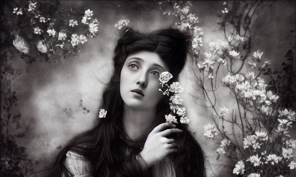 Monochrome portrait of young woman with flowers in hair, looking dreamy