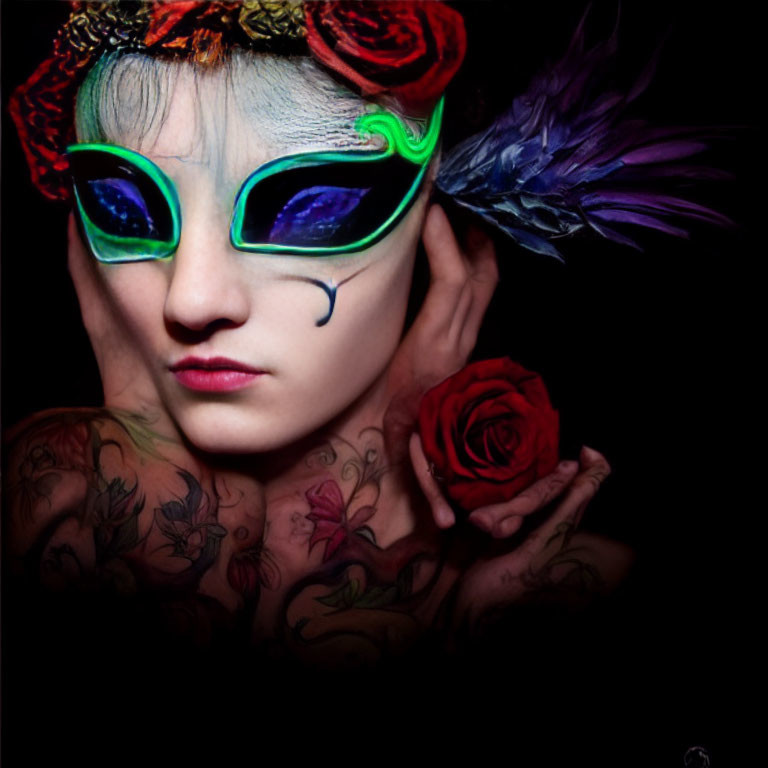 Vibrant neon green eye makeup with rose tattoos and floral headpiece on black background