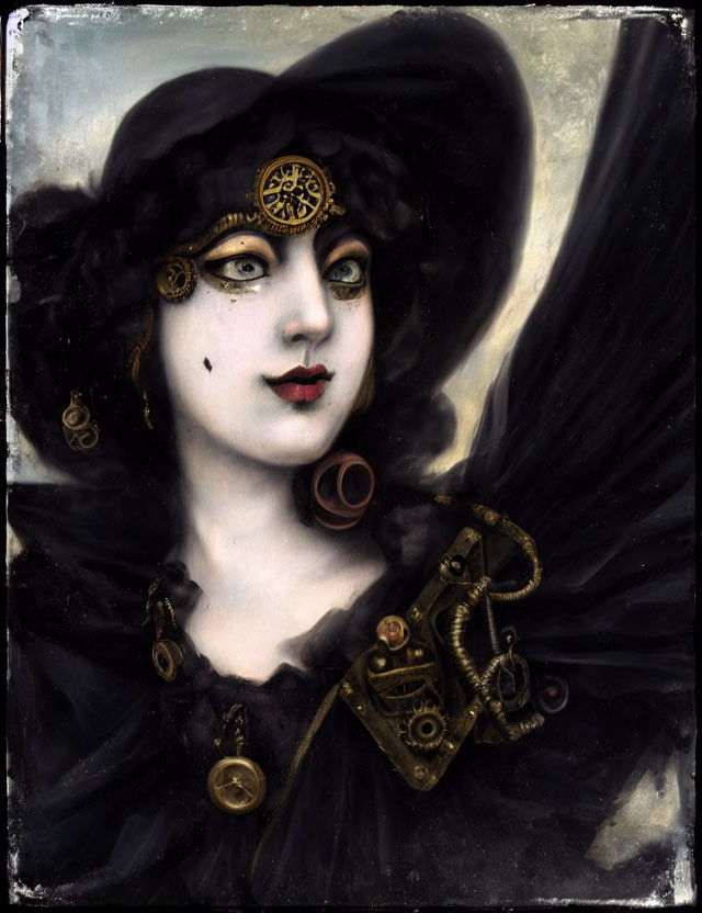 Steampunk-themed woman with black hat and mechanical eyepiece