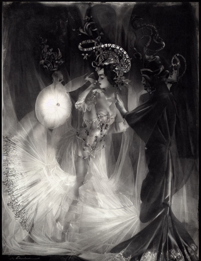 Vintage Black and White Photo of Two Individuals in Ornate Costumes and Elaborate Headpieces Holding
