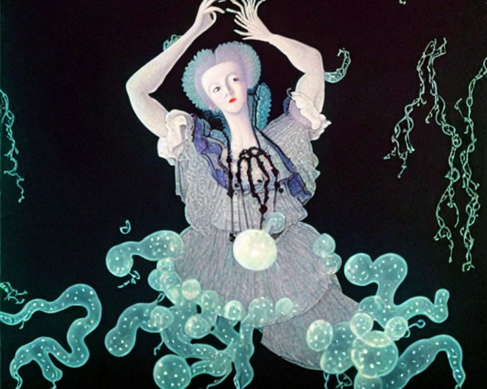 Portrait of a Person in Period Costume with Pale Face and White Hair Among Glowing Green Jellyfish-like
