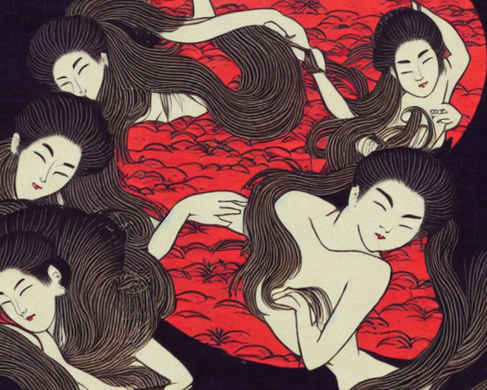 Illustration of Women with Flowing Hair in Red and Black, Traditional Asian Aesthetic